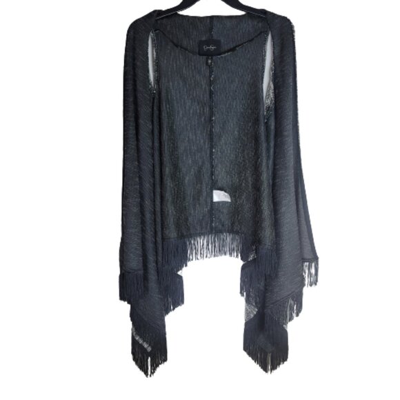 Jessica Simpson Black White Marl Fringe-Hem Vest Open Front Boho - Picture 3 of 10